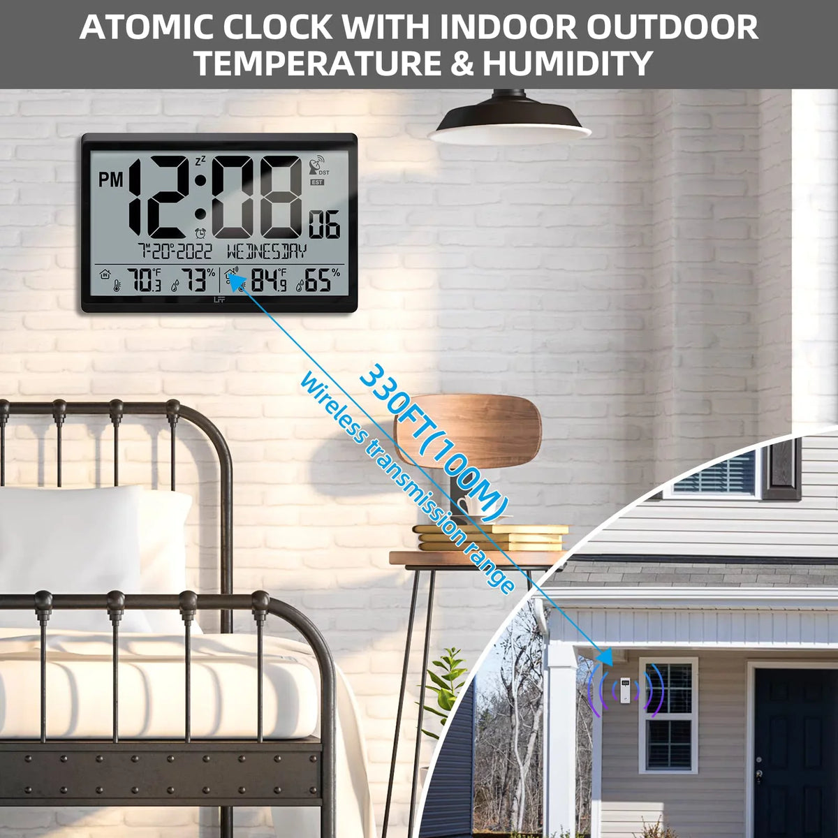 LFF Atomic Clock - Never Needs Setting, Battery Operated, 15" Atomic Wall Clock with Indoor Outdoor Temperature & Humidity, Digital Wall Clock with 4.5" Numbers Easy-to-Read, Black
