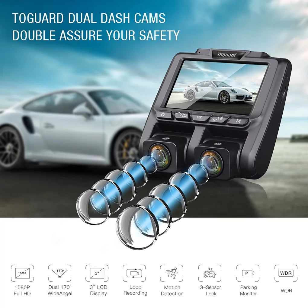 Full HD Dual Dash Cam, TOGUARD 1080P+1080P Front and Inside Car Camera Dash Cams 3" LCD Dashboard Camera Black