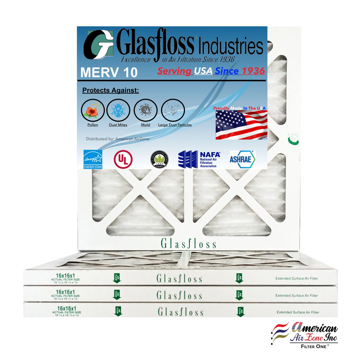 Glasfloss 16x16x1 - MERV 10 -Qty:4 - Furnace Air Filter - Made in USA (Actual Size: 15.5 x 15.5x7/8 inch)