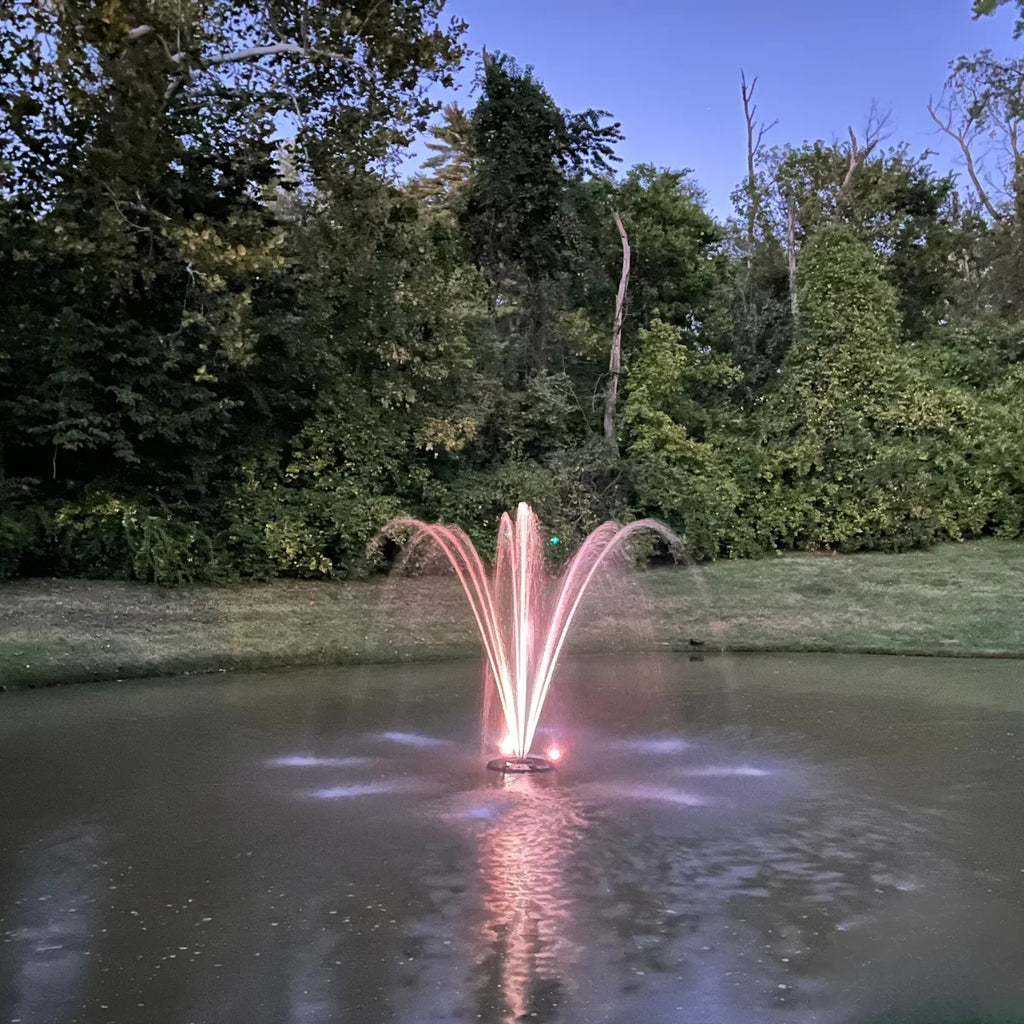 HALF OFF PONDS 1.5 HP Floating Fountain | 100 foot Cord | 11 Patterns | White Lights | Surface Aeration for Ponds | AQF125003X3W-100