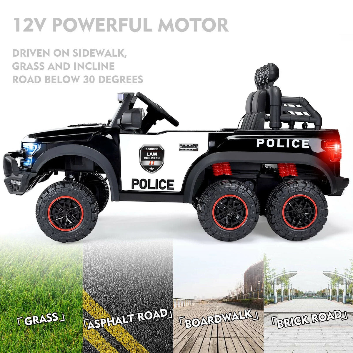JOYLDIAS 6 Wheels 12V Kids Ride on Police Car Toy with Remote Control (Black)