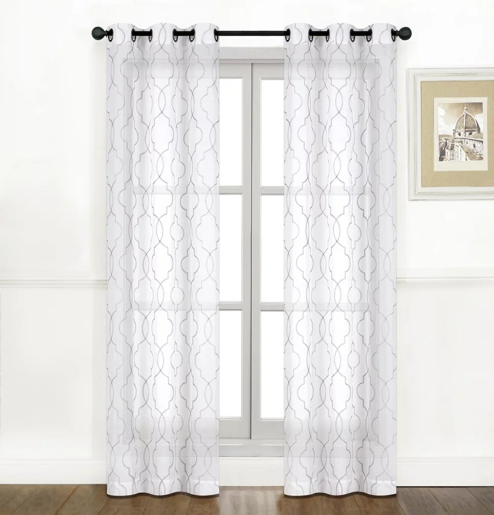 2 Pack: Regal Home Collections Embroidered Quatrefoil Semi Sheer Grommet Curtain Panels - Gray