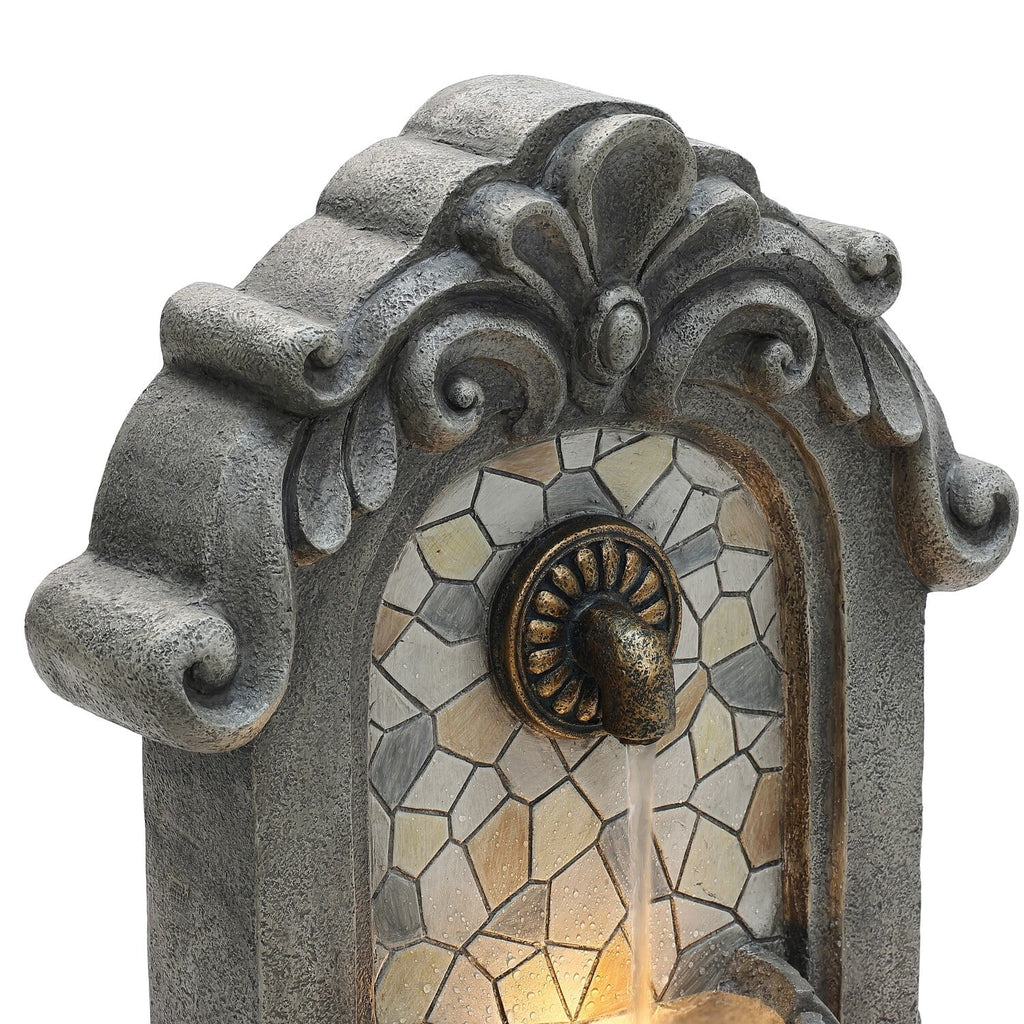 LuxenHome 27" H Gray Resin Mosaic Wall Freestanding Outdoor Water Fountain with Lights