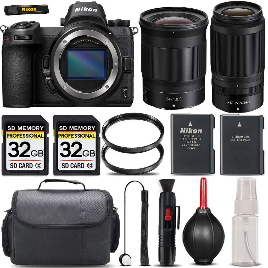 Nikon Z6 Mirrorless with 50-250mm f/4.5-6.3 VR Lens + 24mm f/1.8 S Lens + 64GB Storage + UV Filter + Backup Battery + Case + Cleaning Kit - International Version