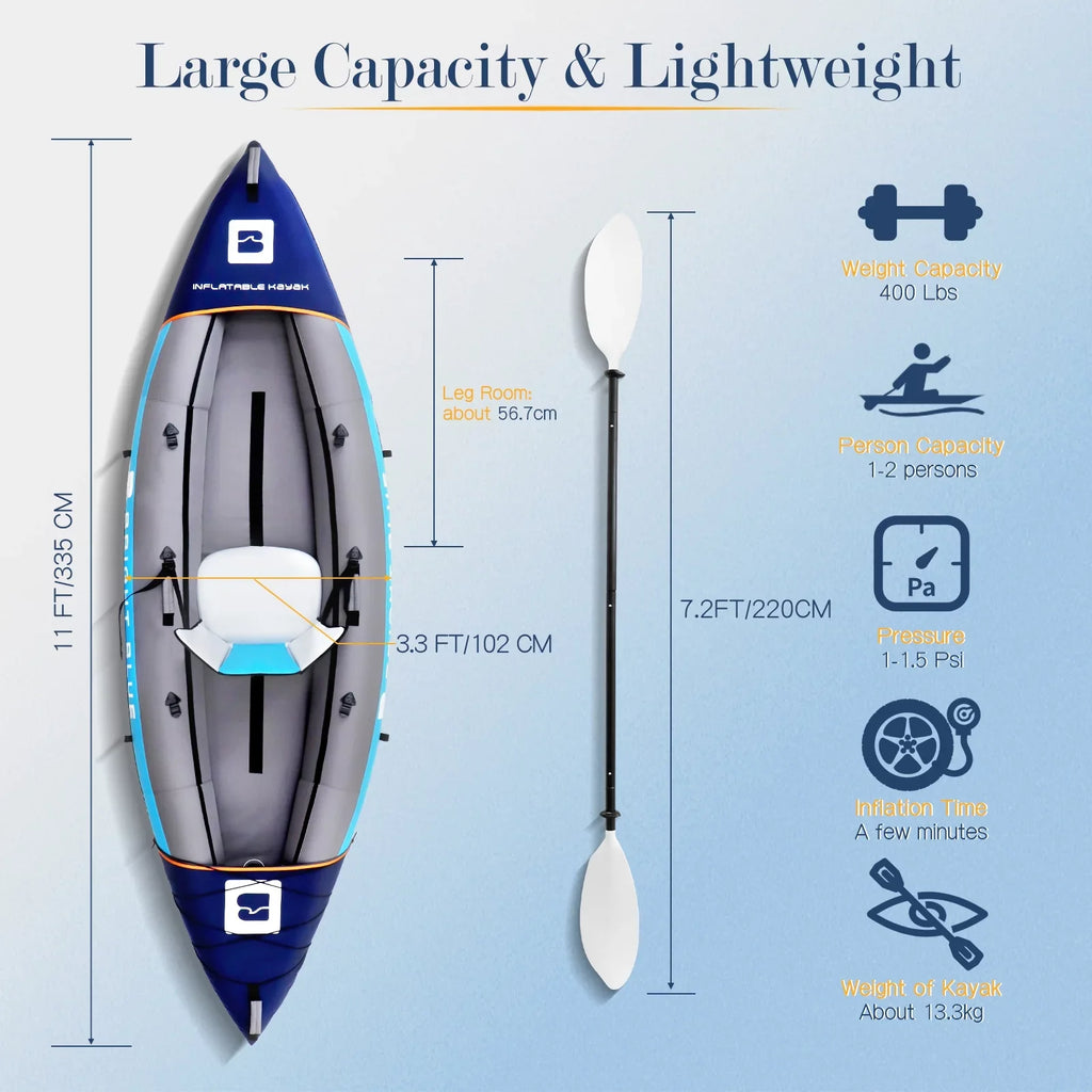 BRIGHT BLUE Blow-up Touring White Water Paddling Kayak 1-2 Persons sit-on with Paddles,Hand Pump,Backpack,Fins