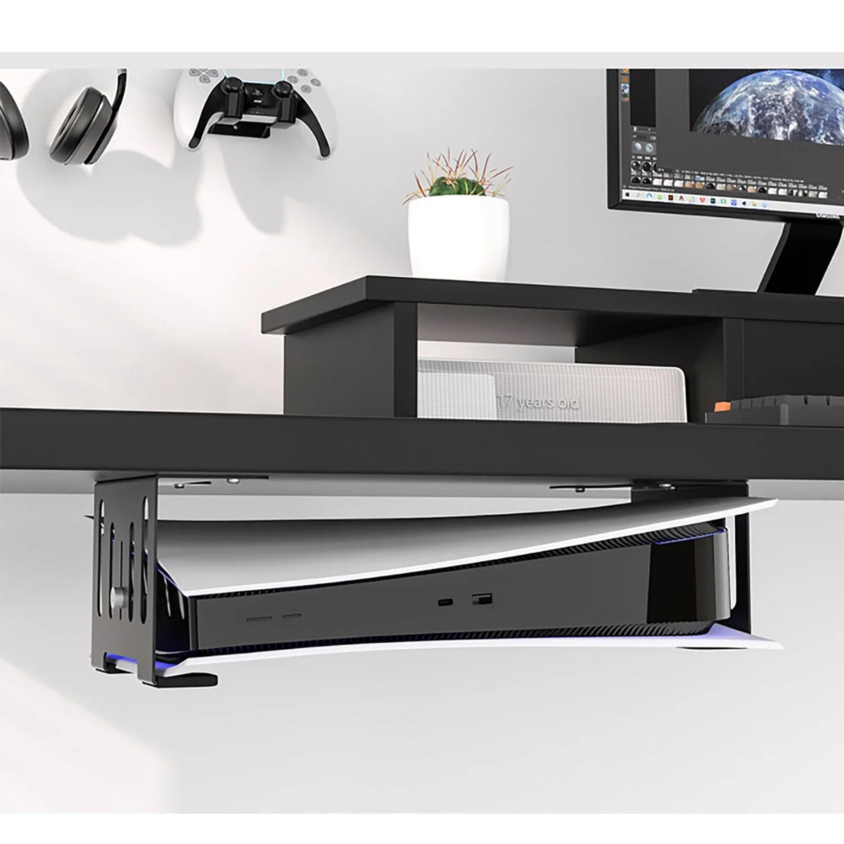 Liboer Under Desk Holder for PS5 Console, Strong Metal Material, Save Space Mounting, Black