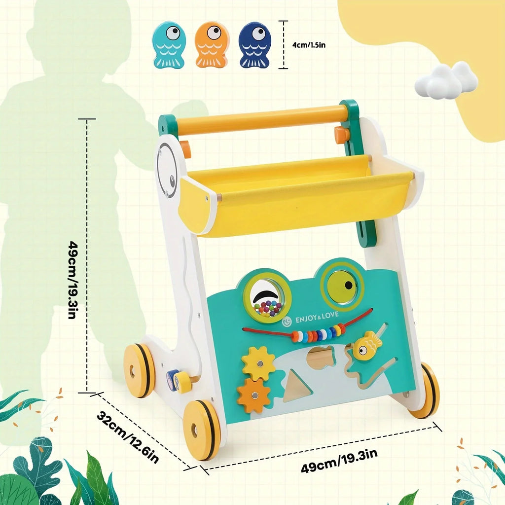 Wooden Baby Walker Sit-to-Stand Learning Baby Push Walker Kids Activity Center Toddler Push Along Trolley with Fishing Toy Shape Sorter Xylophone Multiple Entertainment for Boys Girls Infants