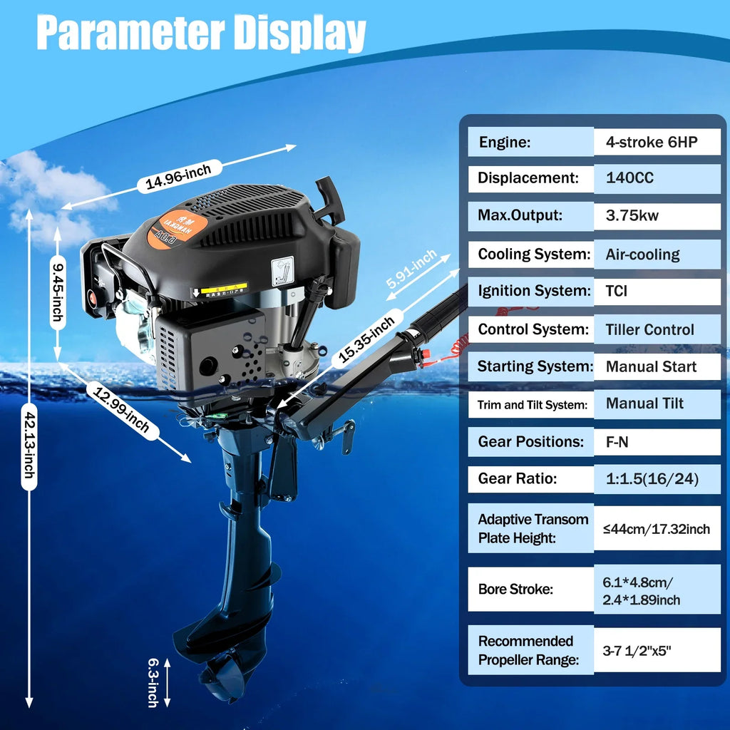 Fichiouy 6 HP 4 Stroke Outboard Motor Engine Tiller Shaft Boat Engine Air Cooling 2500rpm with CDI Water Air Cooling System 1:1.5