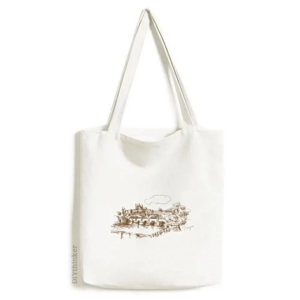 Charles Bridge Prague Czech Landmark Tote Canvas Bag Shopping Satchel Casual Handbag