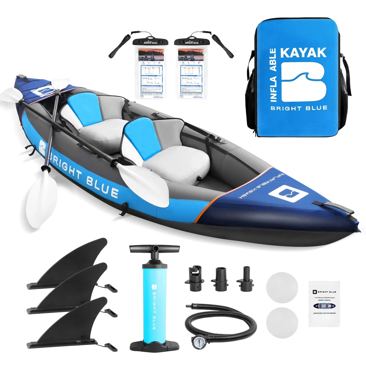 BRIGHT BLUE Blow-up Touring White Water Paddling Kayak 1-2 Persons sit-on with Paddles,Hand Pump,Backpack,Fins