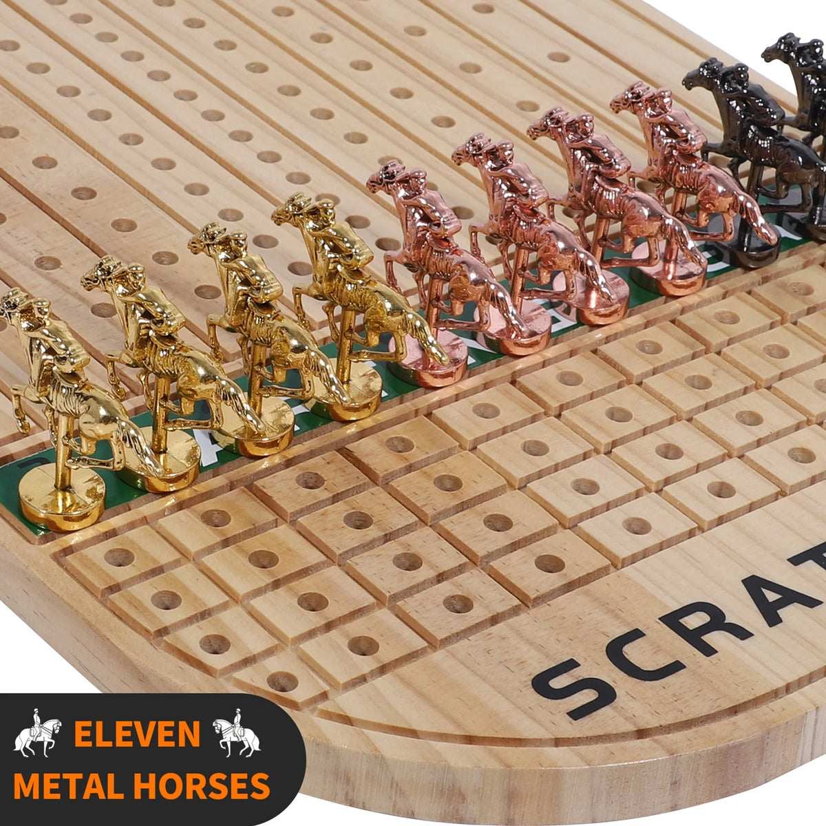 Horse Race Board Game Racing Game Thickened Pine with 11 Luxurious Durable Classic Metal Horses with 4 dice and 2 Boxes of Cards Across Finish Line Horse Racing Game