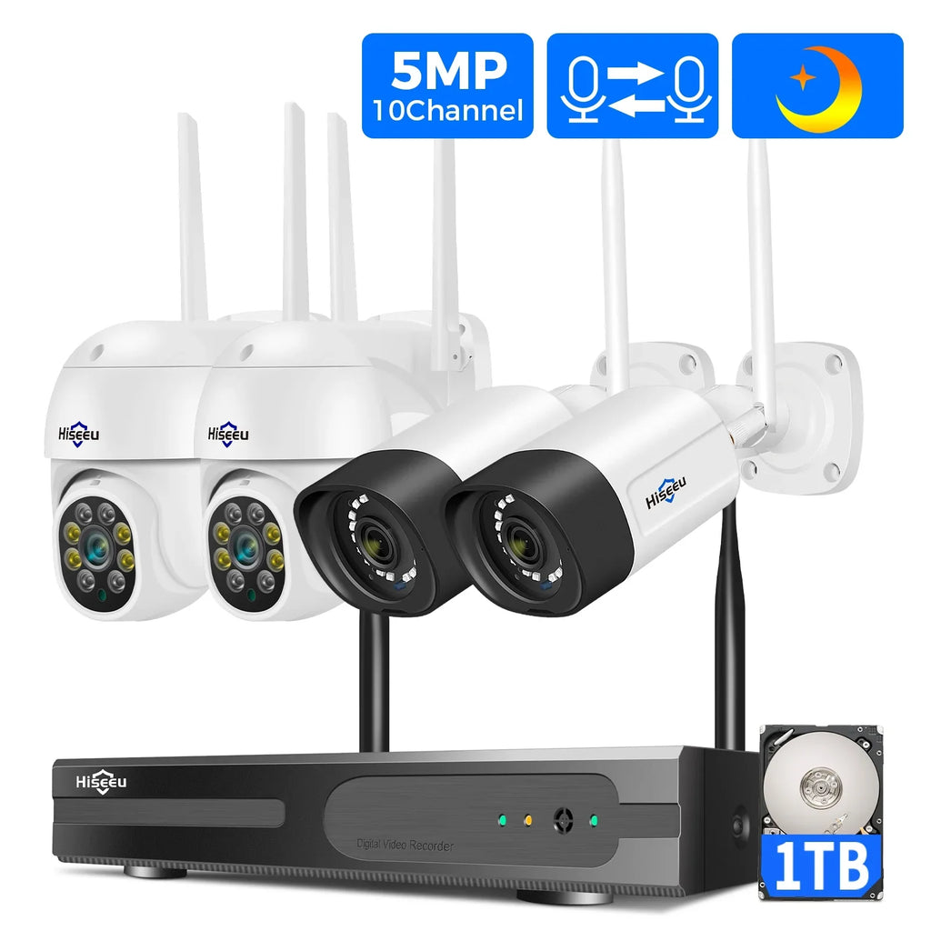 Hiseeu 5MP Security Camera System with 1TB Hard Drive, Outdoor Security Camera Wireless Wifi with Two-Way Audio,Human Detection, Home Security Cameras System