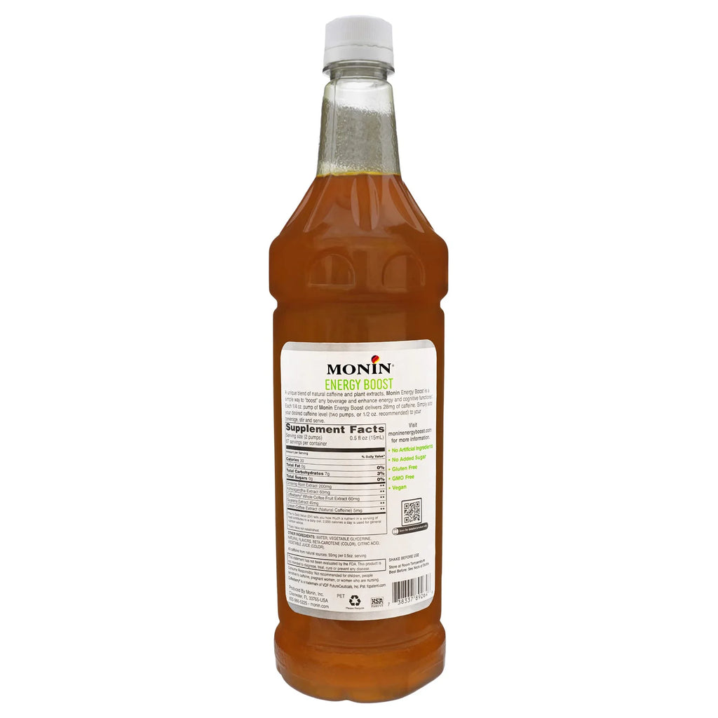 Monin - Energy Boost, Liquid Energy Supplement, Subtle Tea Flavor, Zero Added Sugar, Great For Coffee, Soda, & More, Low-Calorie, Contains Natural Caffeine, Gluten-Free, Clean Label (1 Liter + Pump)