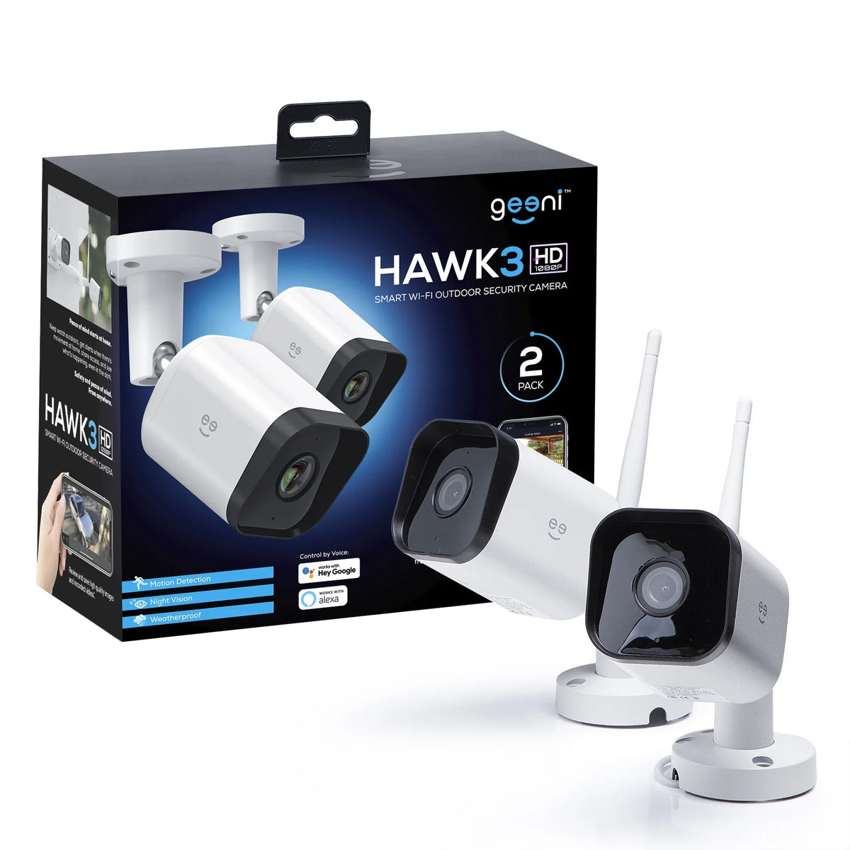 Geeni Hawk 3 1080p HD Smart WiFi Security Camera, Outdoor IP66 Weatherproof, 2-Pack (Supports Only 2.4GHz Wi-Fi)