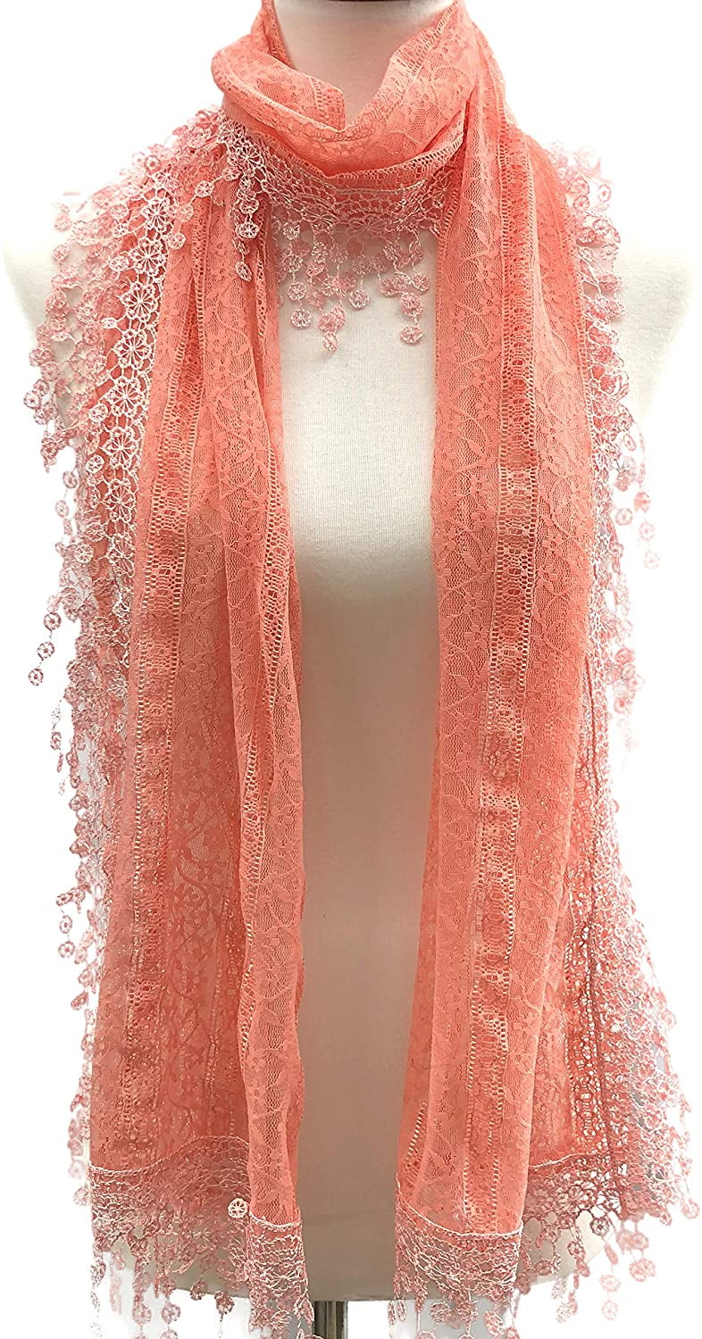 Cindy and Wendy Lightweight Soft Leaf Lace Fringes Scarf shawl for Women Peach Pink