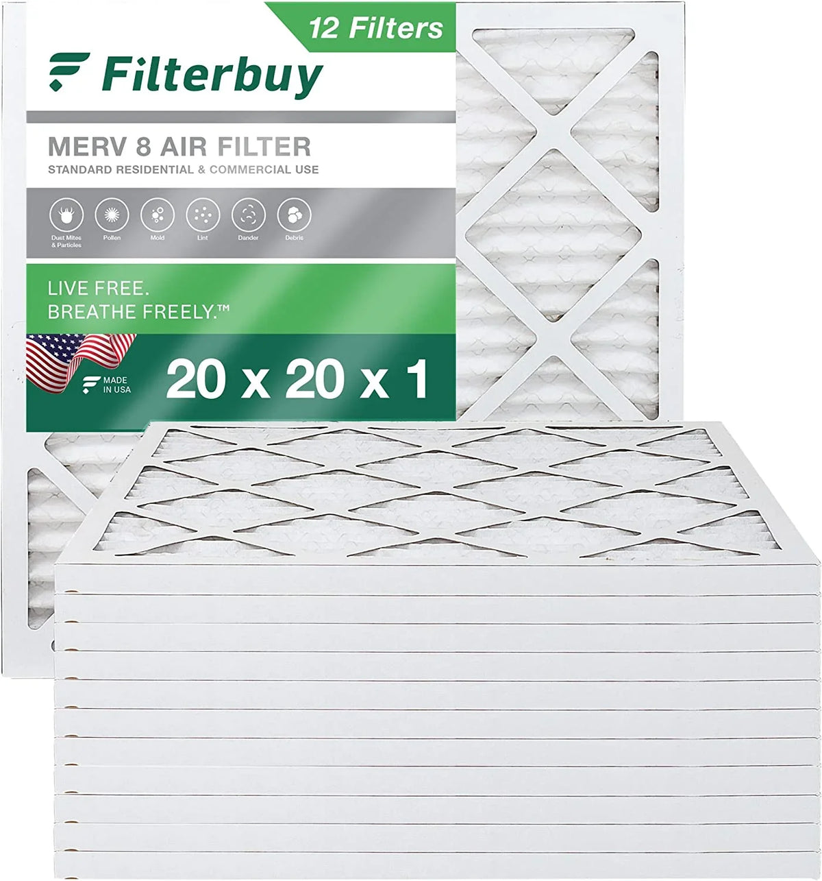 Filterbuy 20x20x1 MERV 8 Pleated HVAC AC Furnace Air Filters (12-Pack)