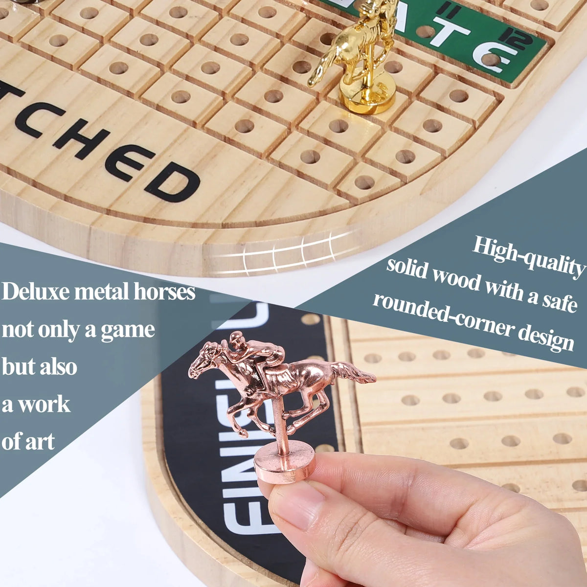 Horse Race Board Game Racing Game Thickened Pine with 11 Luxurious Durable Classic Metal Horses with 4 dice and 2 Boxes of Cards Across Finish Line Horse Racing Game