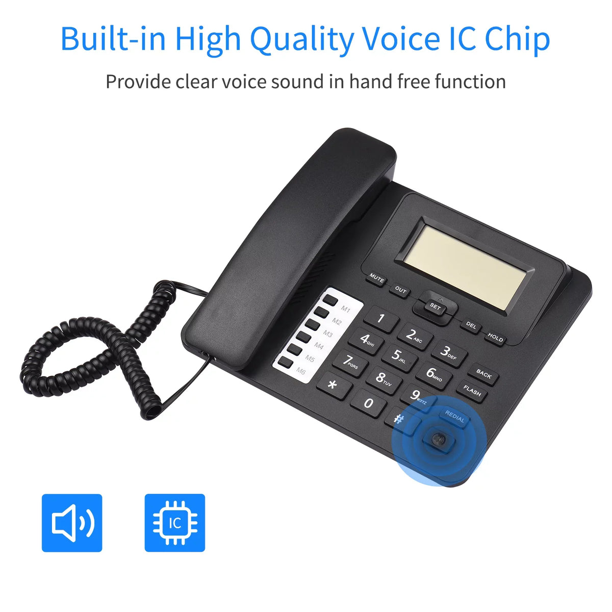Black Corded Phone Desk Landline Phone Telephone DTMF/FSK Dual System Support Hands-Free/Redial/Flash/Speed Dial/Ring Control Built-in IC Chip Sound Real-time Date for Elderly Seniors Home