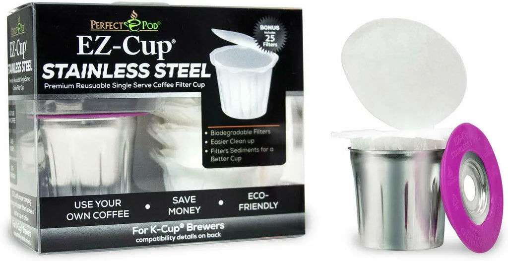 Perfect Pod EZ-Cup 2.0 Stainless Steel Refillable K Cup Pod Metal Filter + 325ea EZ-Cup 2.0 100% Disposable Compostable Coffee Paper Filters for Reusable Keurig & Single Serve Coffee Makers