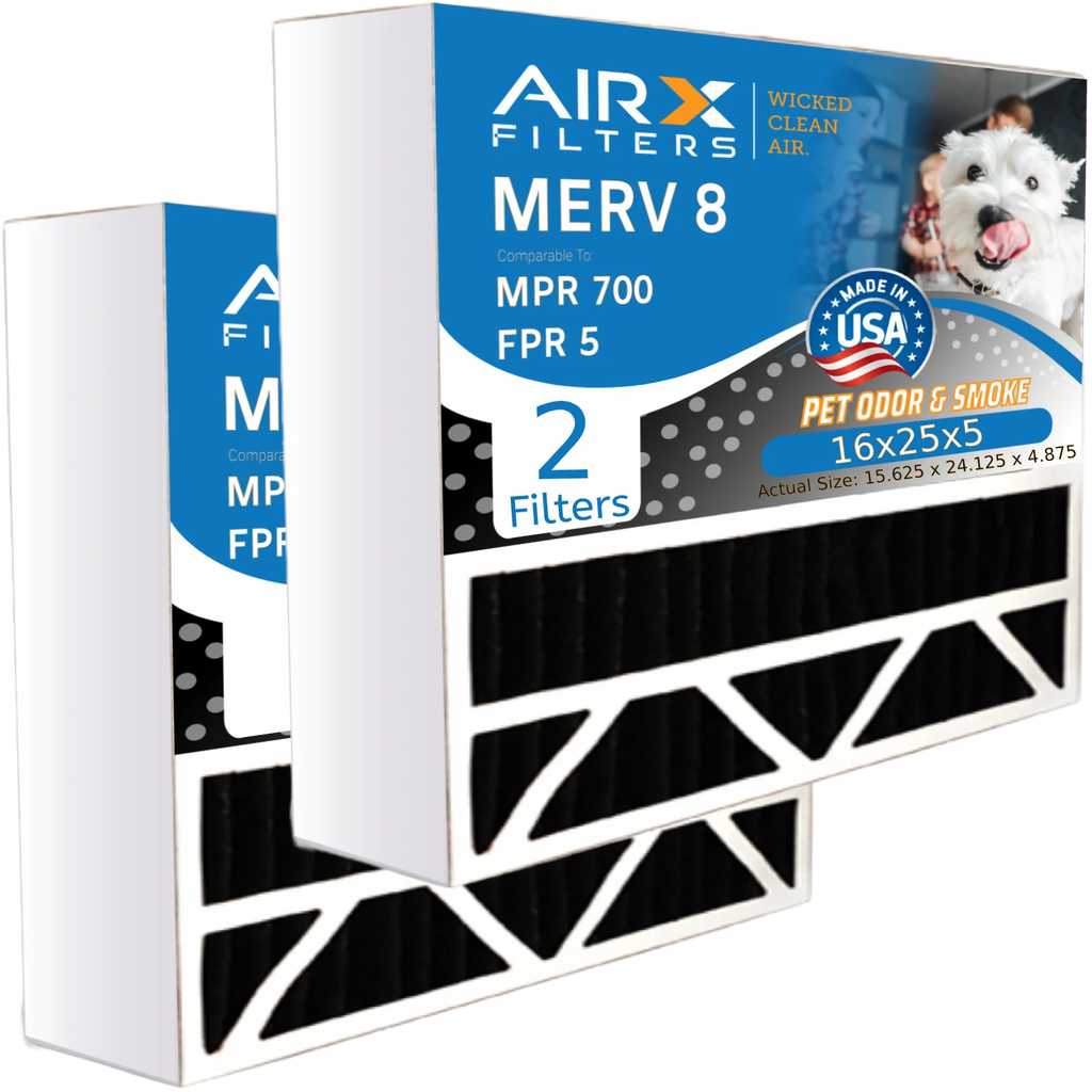 16x25x5 Air Filter Odor Eliminator Carbon Filter MERV 8 Comparable to MPR 700 & FPR 5 Compatible with Air Bear 255649-105 2 Pack by AIRX FILTERS WICKED CLEAN AIR.