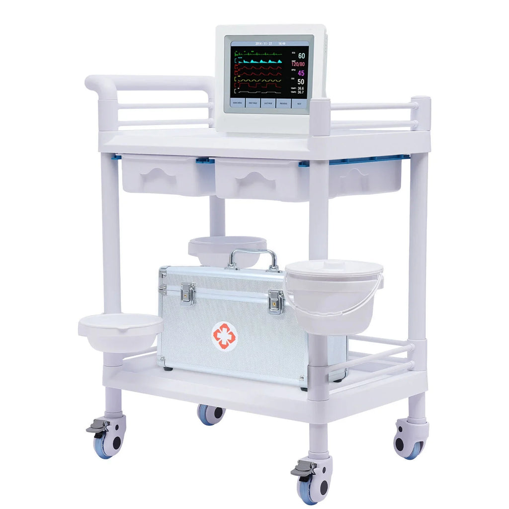 Miumaeov Medical Trolley 2 Tier Spacious Beauty Salon Rolling Trolley with Dirt Buckets Drawers 360°Rotate Wheels Heavy Duty Medical Utility Cart for Hospital Dental Clinic