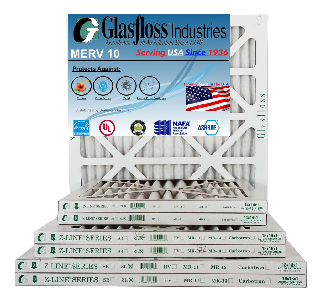 Glasfloss Air Filter 18x18x2 - 2" MERV 10 - (Pack of 12) - Pleated AC or HVAC Air Filter - Furnace Air Filter - Home or Office - Made In The USA.