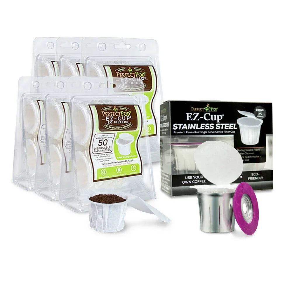Perfect Pod EZ-Cup 2.0 Stainless Steel Refillable K Cup Pod Metal Filter + 325ea EZ-Cup 2.0 100% Disposable Compostable Coffee Paper Filters for Reusable Keurig & Single Serve Coffee Makers