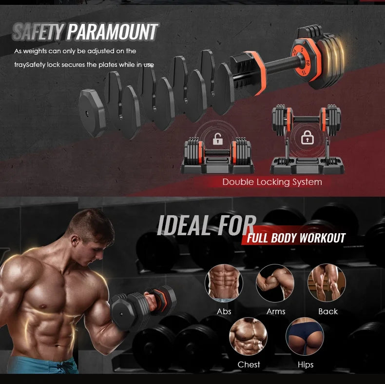 Adjustable Dumbbell Set with Anti-Slip Handle - 25 pounds per dumbbell (pair) - 54.0 - Upgrade your home gym with adjustable weight and secure grip!