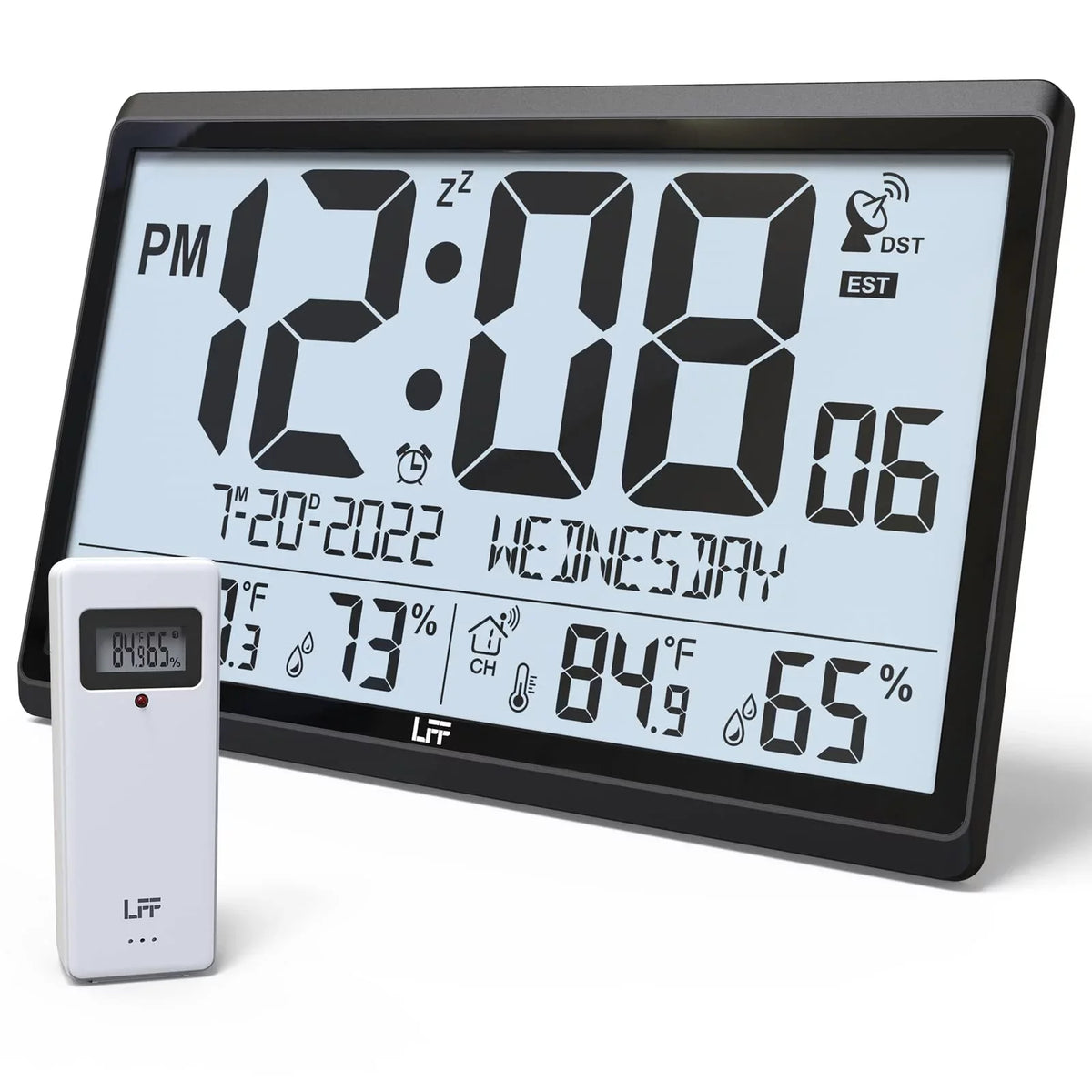 LFF Atomic Clock - Never Needs Setting, Battery Operated, 15" Atomic Wall Clock with Indoor Outdoor Temperature & Humidity, Digital Wall Clock with 4.5" Numbers Easy-to-Read, Black