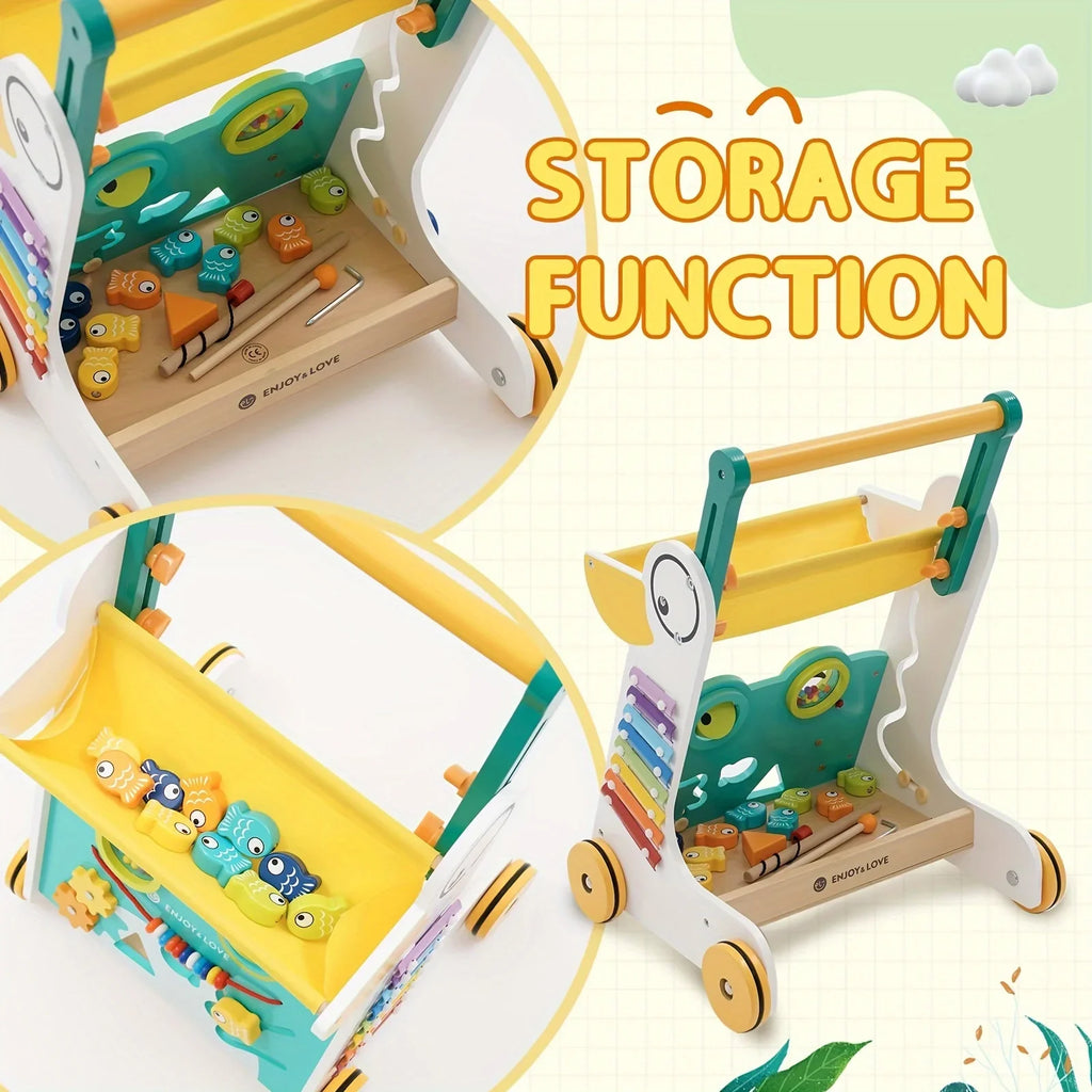 Wooden Baby Walker Sit-to-Stand Learning Baby Push Walker Kids Activity Center Toddler Push Along Trolley with Fishing Toy Shape Sorter Xylophone Multiple Entertainment for Boys Girls Infants