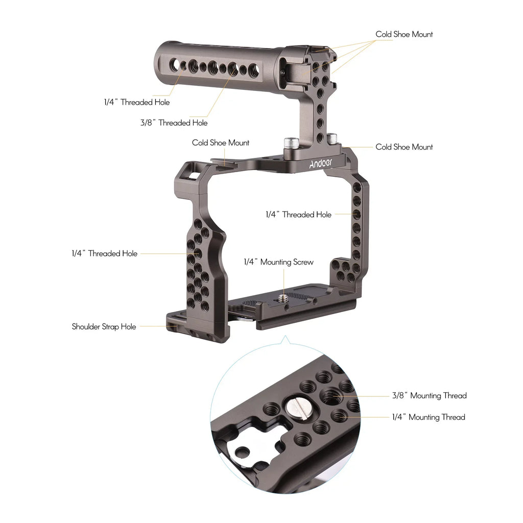 Andoer Aluminum Alloy Camera Cage Kit with Video Rig Handle Grip Replacement for Sony A7R III/ A7 II/ A7III