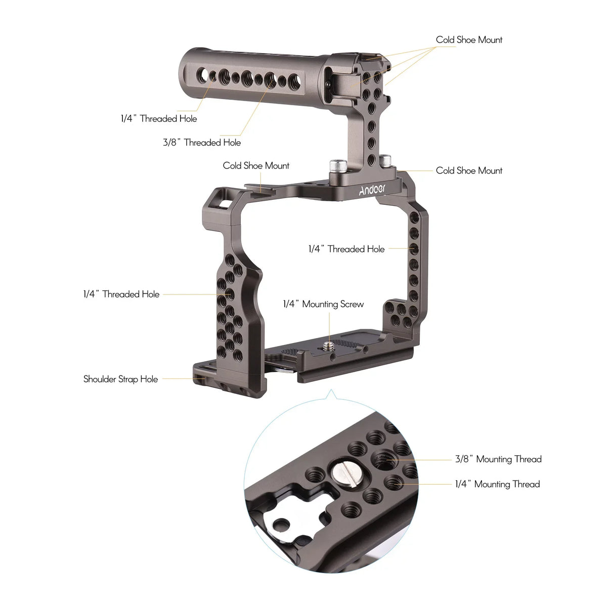 Andoer Aluminum Alloy Camera Cage Kit with Video Rig Handle Grip Replacement for Sony A7R III/ A7 II/ A7III