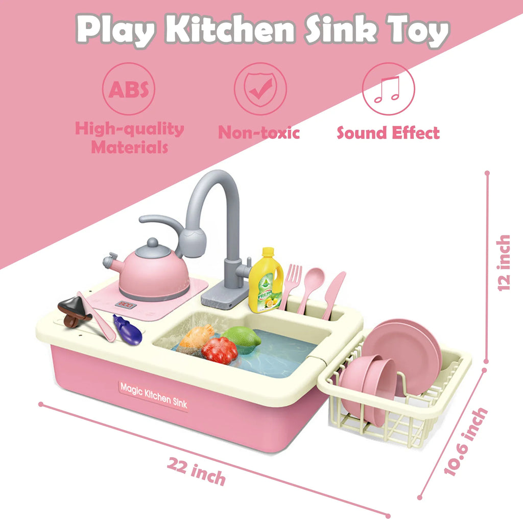 Richgv Pretend Play Kitchen Sink Toys with Running Water, 23PCS Electric Water Sink Toy with Play Induction Cooker Play Cutting Food, Kids Kitchen Role Play Toys for Boys Girls