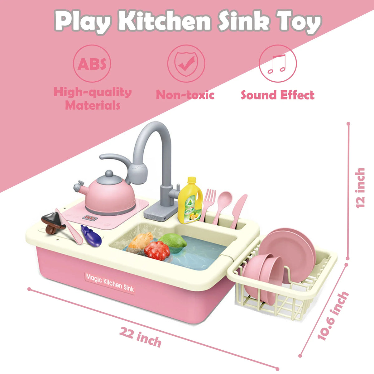 Richgv Pretend Play Kitchen Sink Toys with Running Water, 23PCS Electric Water Sink Toy with Play Induction Cooker Play Cutting Food, Kids Kitchen Role Play Toys for Boys Girls