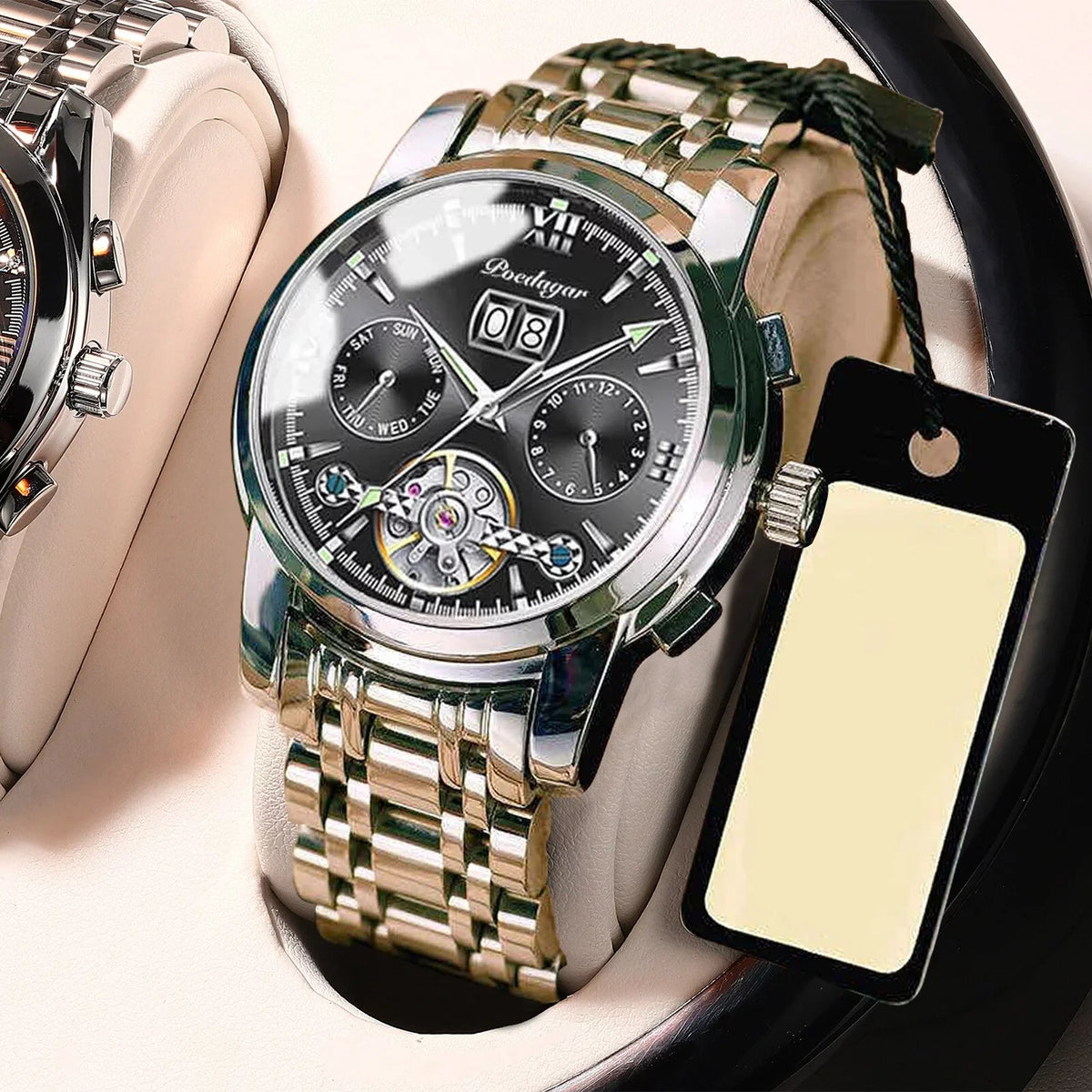 POEDAGAR New Luxury Men Mechanical Wristwatch Genuine Leather Automatic Clock Top Brand Sports Chronograph Men Watches