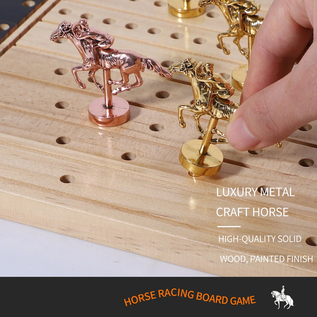 Horse Race Board Game Racing Game Thickened Pine with 11 Luxurious Durable Classic Metal Horses with 4 dice and 2 Boxes of Cards Across Finish Line Horse Racing Game