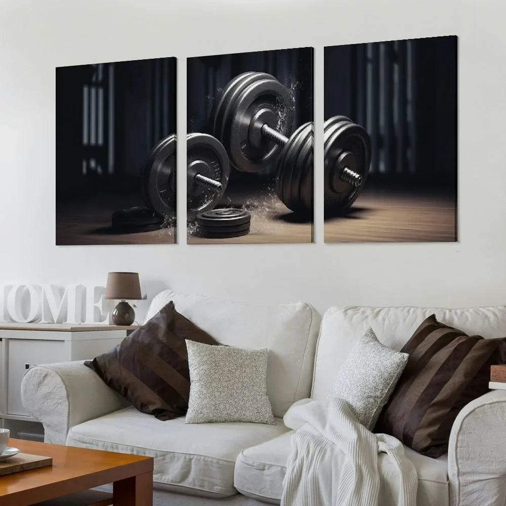 YIKUMA Gym Poster Fitness Dumbbell Workout Motivational Poster Home Fitness Poster Wall Art Coat Canvas Wall Decor Home Decor Living Room Decor Aesthetic 12''x16''X3 Panels 12x16x3pcs