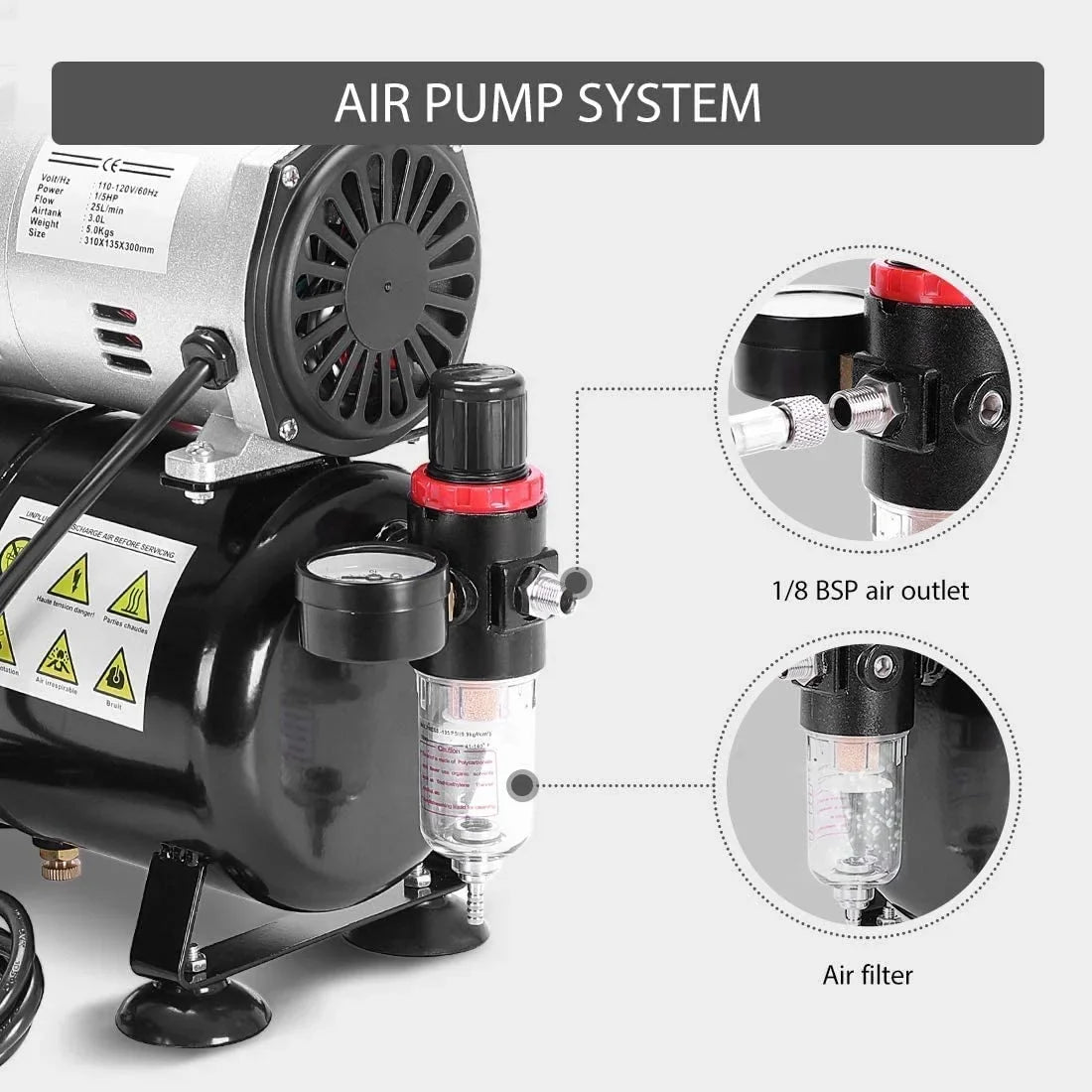 VIVOHOME 110-120V Professional Airbrushing Finish System with 1/5 HP Air Compressor and 1 Airbrush Kit for Tattoo Makeup Shoes Cake Decoration