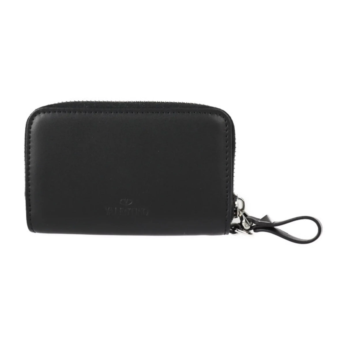 Pre-Owned Valentino Garavani coin case TY2P0P24LVN leather black red silver metal fittings round zipper purse with key ring (Like New)