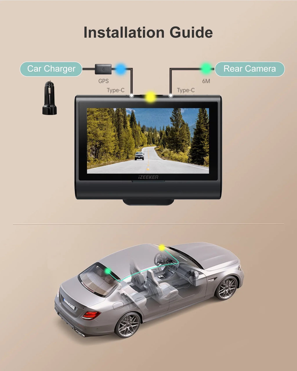 iZEEKER 4K Dash Cam Front and Rear Wi-Fi GPS, 4K+1080P Dual Dashcam, 3'' IPS Touchscreen, WDR, Night Vision, Parking Mode, G-Sensor, Black