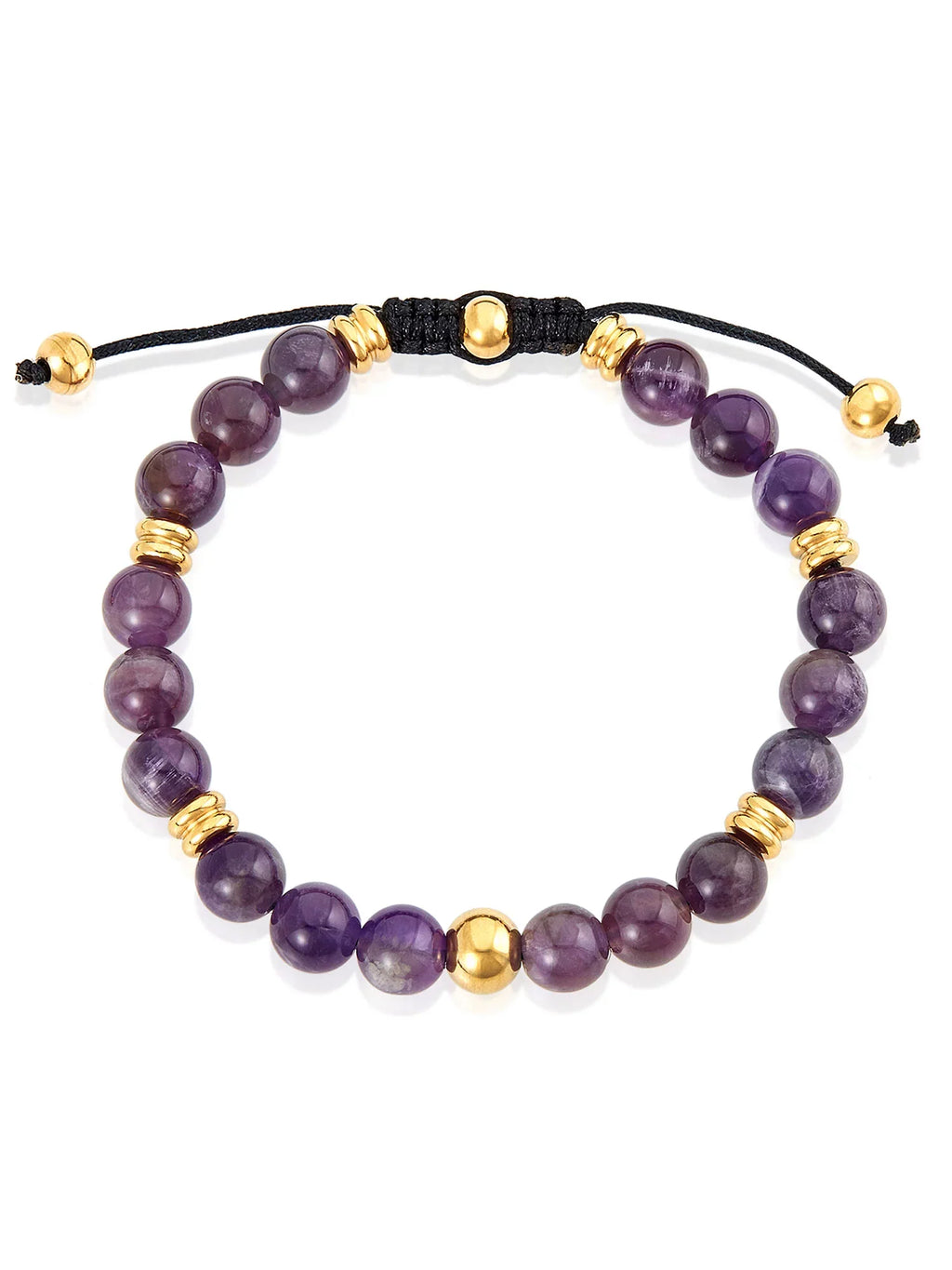 Coastal Jewelry Men's Amethyst Stone and Gold Plated Stainless Steel Beaded Adjustable Bracelet (8mm)