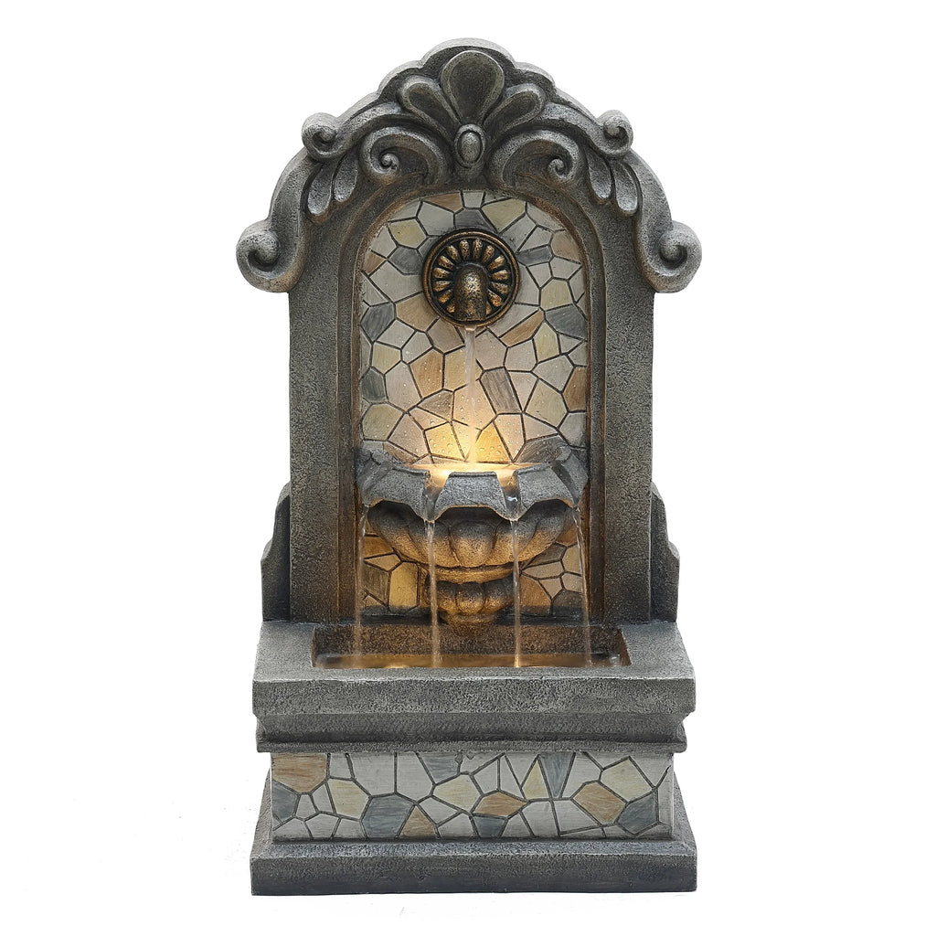LuxenHome 27" H Gray Resin Mosaic Wall Freestanding Outdoor Water Fountain with Lights