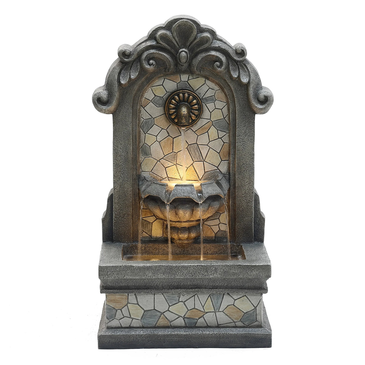 LuxenHome 27" H Gray Resin Mosaic Wall Freestanding Outdoor Water Fountain with Lights