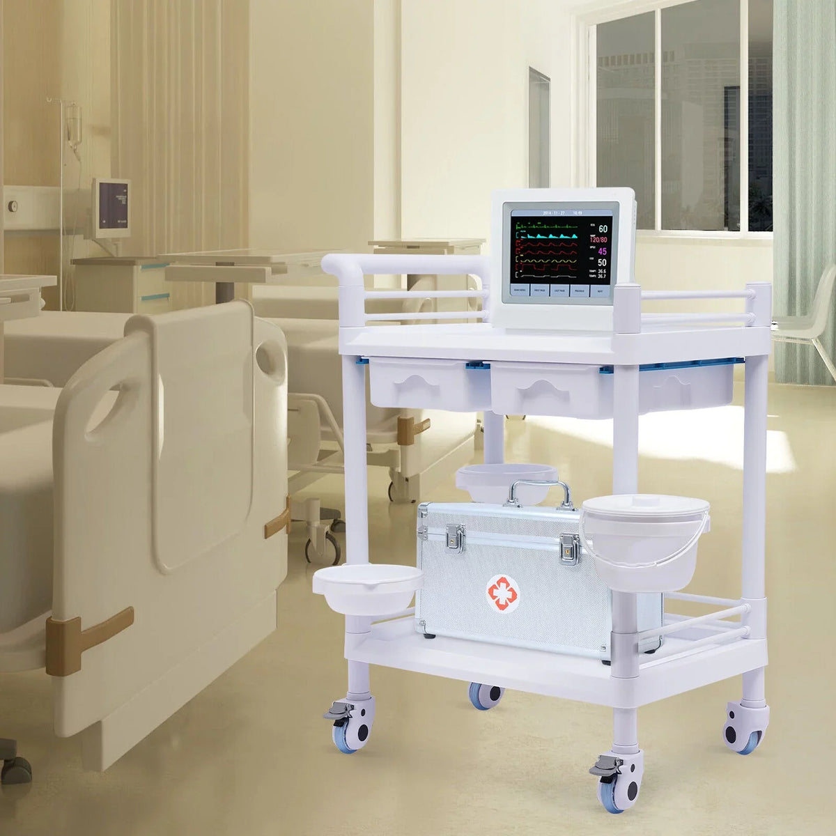 Miumaeov Medical Trolley 2 Tier Spacious Beauty Salon Rolling Trolley with Dirt Buckets Drawers 360°Rotate Wheels Heavy Duty Medical Utility Cart for Hospital Dental Clinic