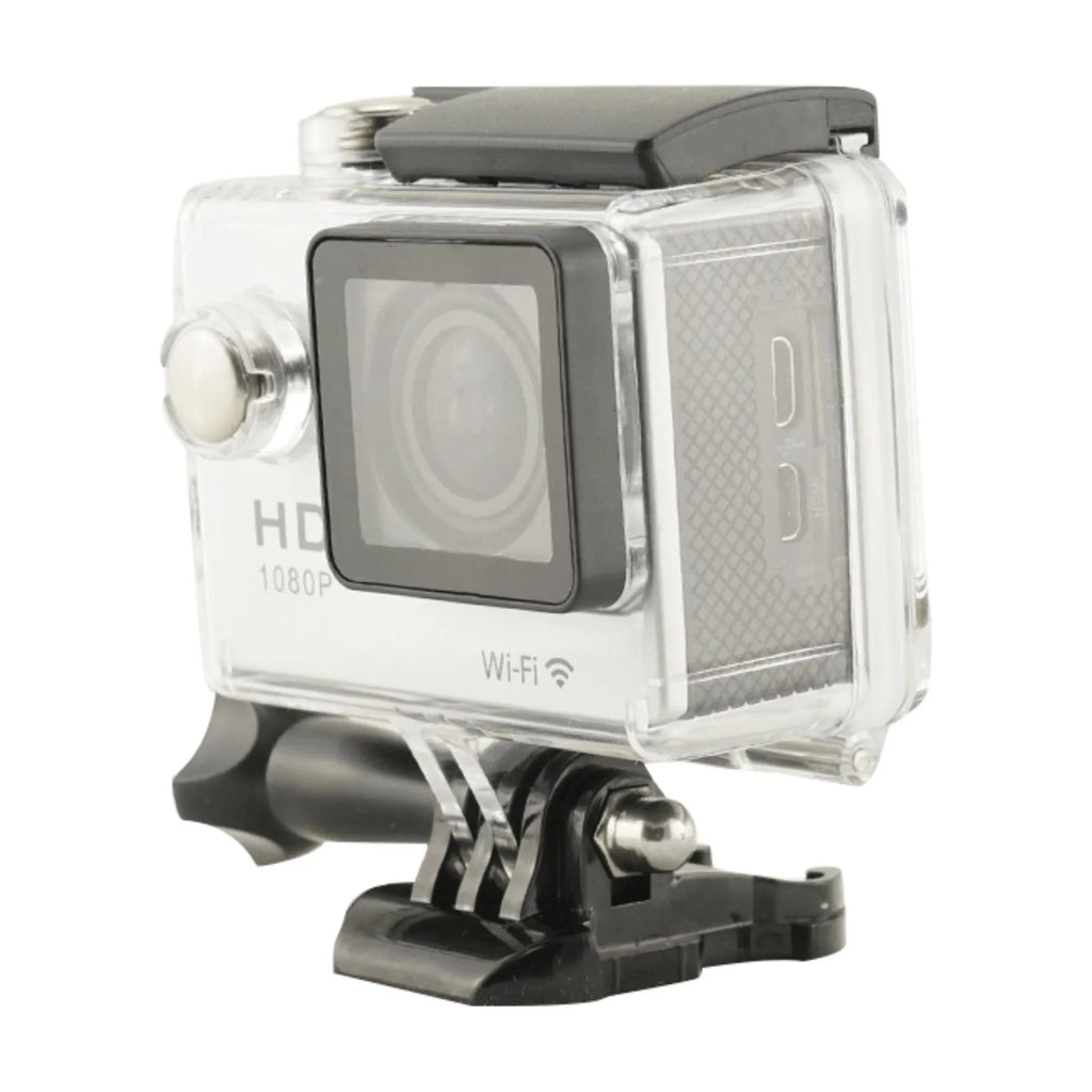 Capture Every Adventure with Our Waterproof WiFi Action Camera - 1080P Video, Clear Sound Recording, and Durable Silver Case