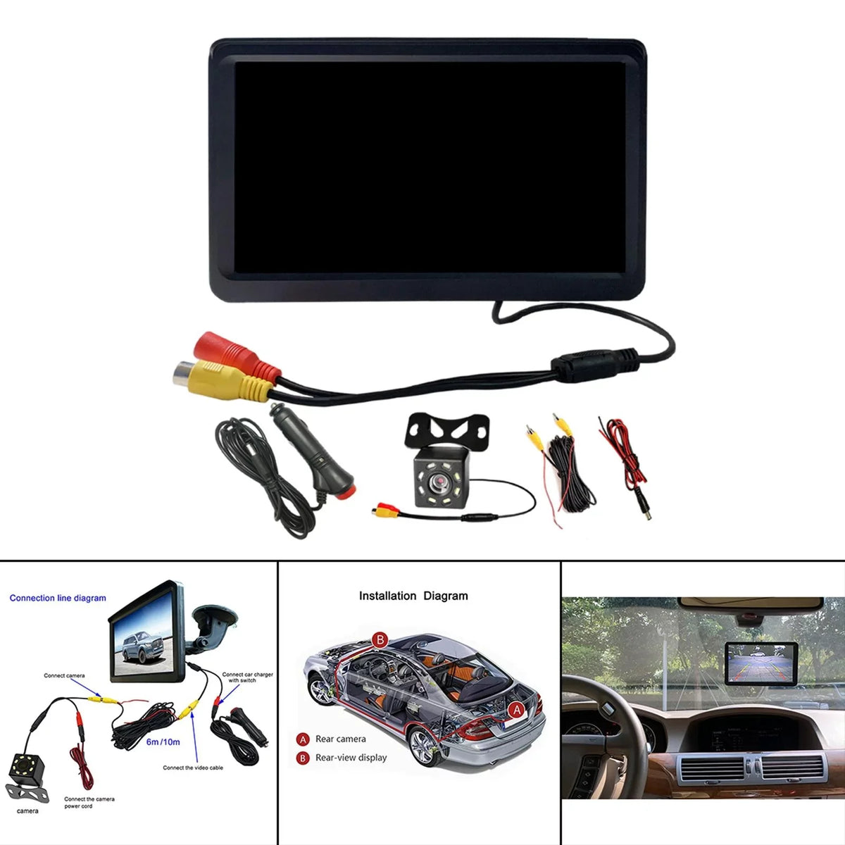 Car Rearview Monitor 7" Park Assist Vehicle Parking System Easy Installation 10M Video Cable Screen Waterproof LCD 8 LED Camera SUV Car