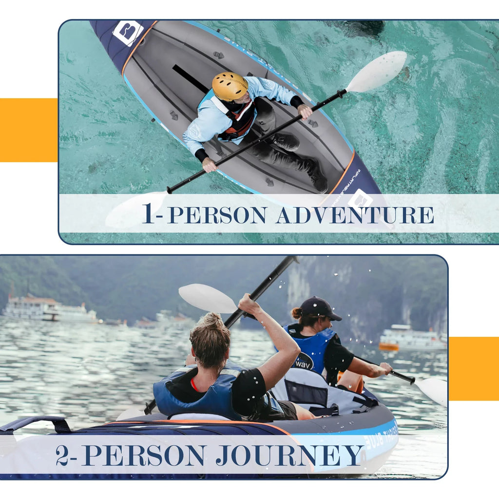 BRIGHT BLUE Blow-up Touring White Water Paddling Kayak 1-2 Persons sit-on with Paddles,Hand Pump,Backpack,Fins