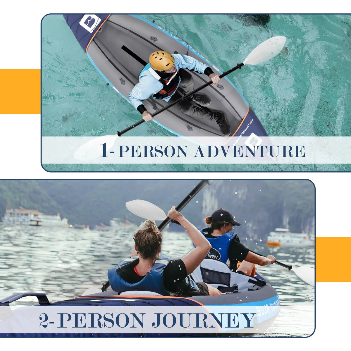 BRIGHT BLUE Blow-up Touring White Water Paddling Kayak 1-2 Persons sit-on with Paddles,Hand Pump,Backpack,Fins