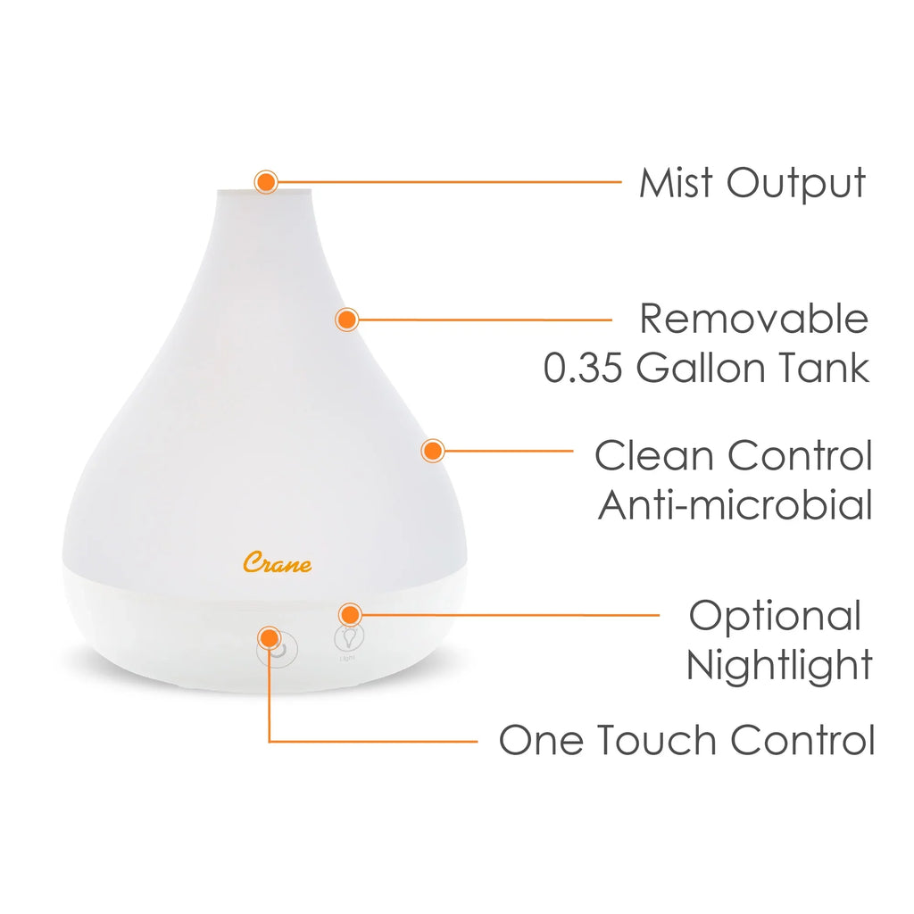 Crane Cone Shape Ultrasonic Cool Mist Aroma Diffuser, Model EE-5953AD, White