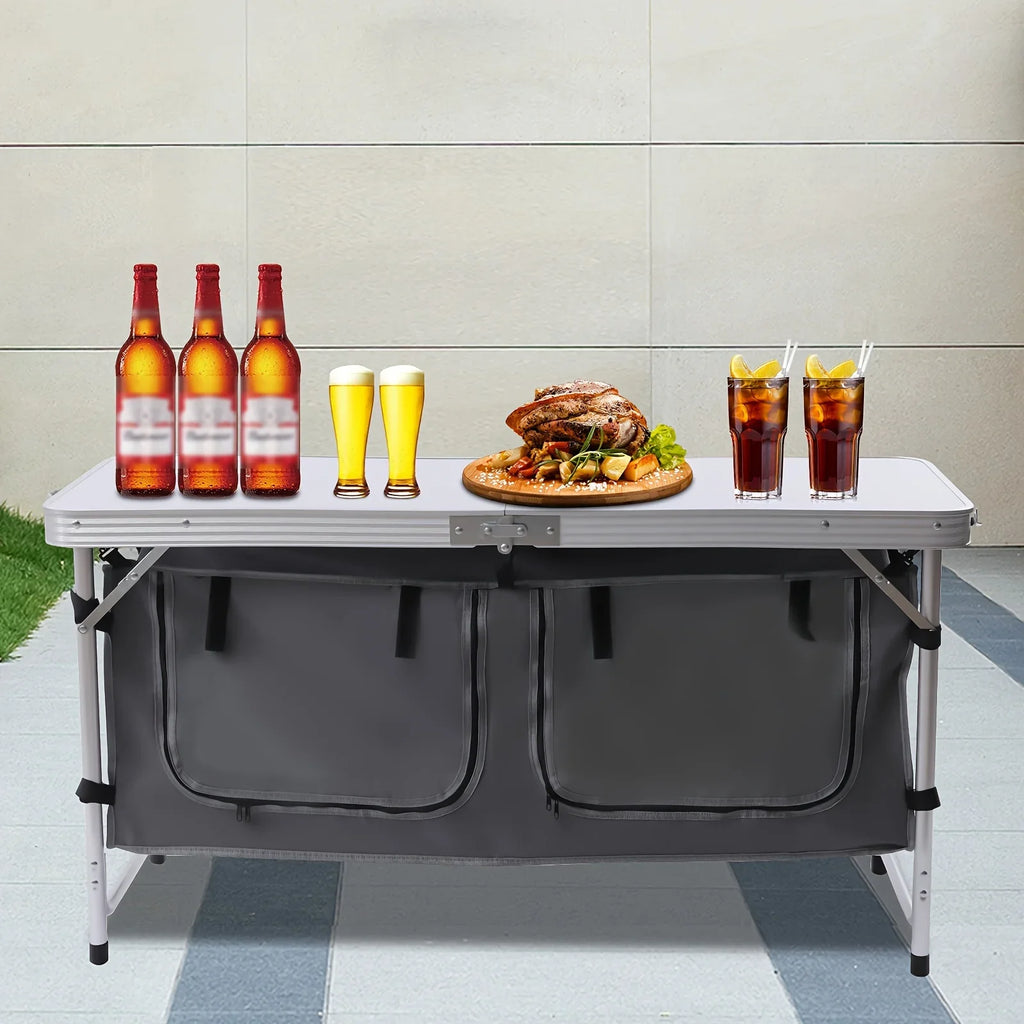 Folding Camping Table with Storage Compartment Lightweight Camp Kitchen Table Height Adjustable Indoor Outdoor Table Perfect for Tailgating Backyards BBQ Picnic